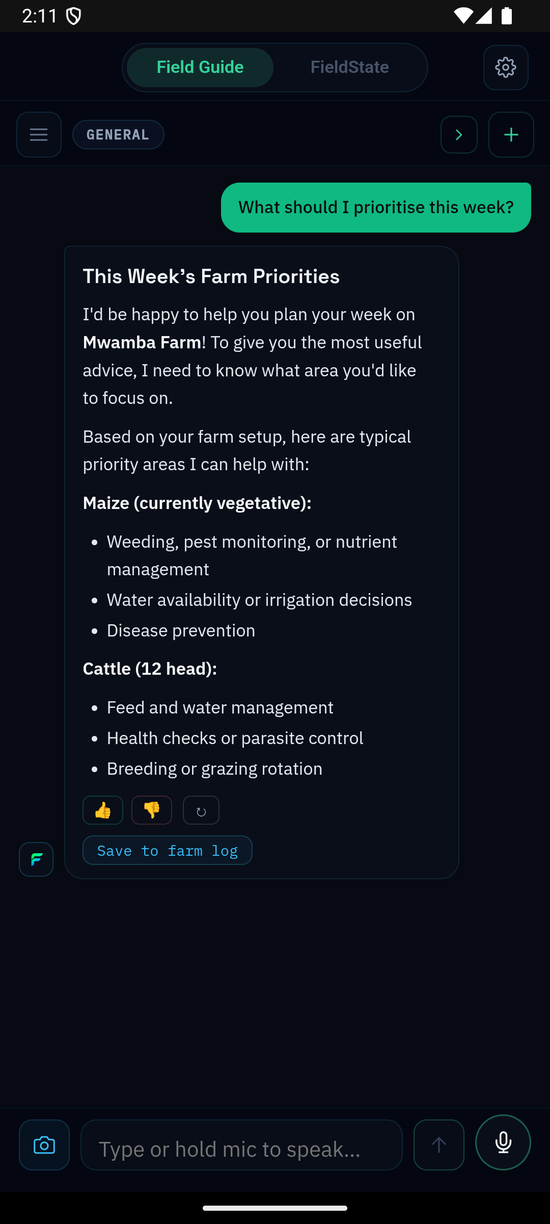 FieldGuide chat, asking what to prioritise this week and getting a context-aware crop summary back